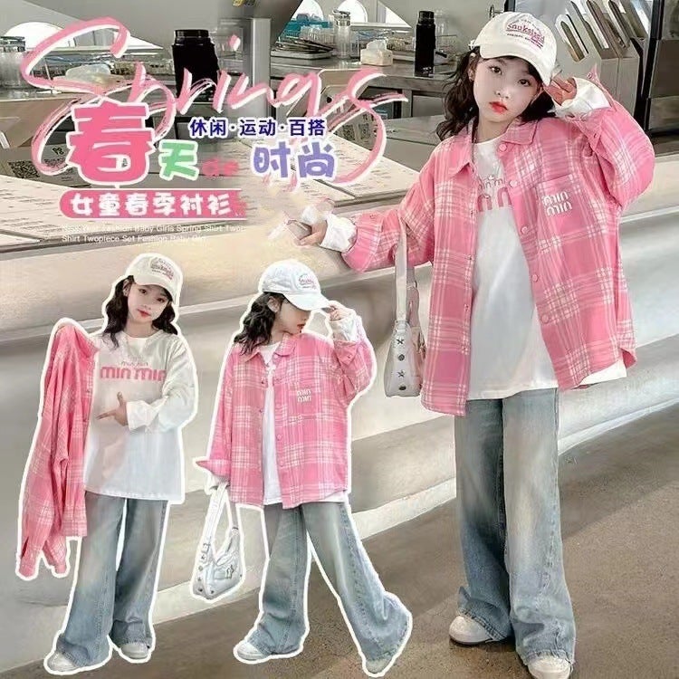 Summer Girls' Shirt Children'S Fashion Stylish Casual Long Sleeve Plaid Two-Piece Set For Large Children - Image 2