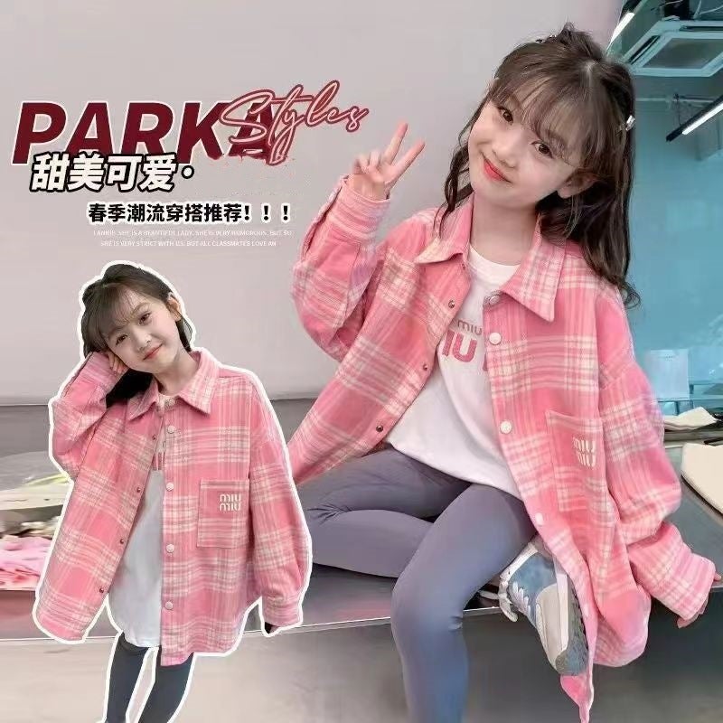 Summer Girls' Shirt Children'S Fashion Stylish Casual Long Sleeve Plaid Two-Piece Set For Large Children - Image 5