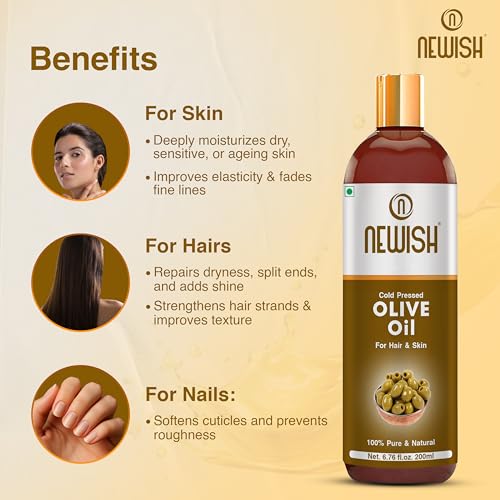 Newish Olive Oil for Hair, Skin & Body Massage | 200ml | Pure & Cold Pressed Olive Oil for Dry Scalp, Frizz Control & Glowing Skin | Non-Sticky Hair Oil for Men & Women - Image 2