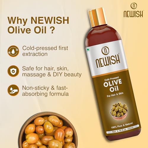 Newish Olive Oil for Hair, Skin & Body Massage | 200ml | Pure & Cold Pressed Olive Oil for Dry Scalp, Frizz Control & Glowing Skin | Non-Sticky Hair Oil for Men & Women - Image 4