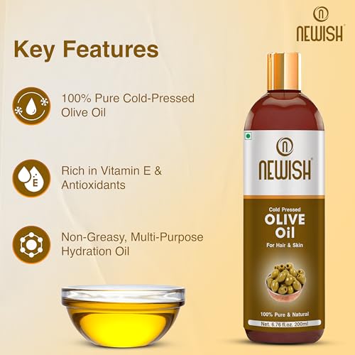 Newish Olive Oil for Hair, Skin & Body Massage | 200ml | Pure & Cold Pressed Olive Oil for Dry Scalp, Frizz Control & Glowing Skin | Non-Sticky Hair Oil for Men & Women - Image 3