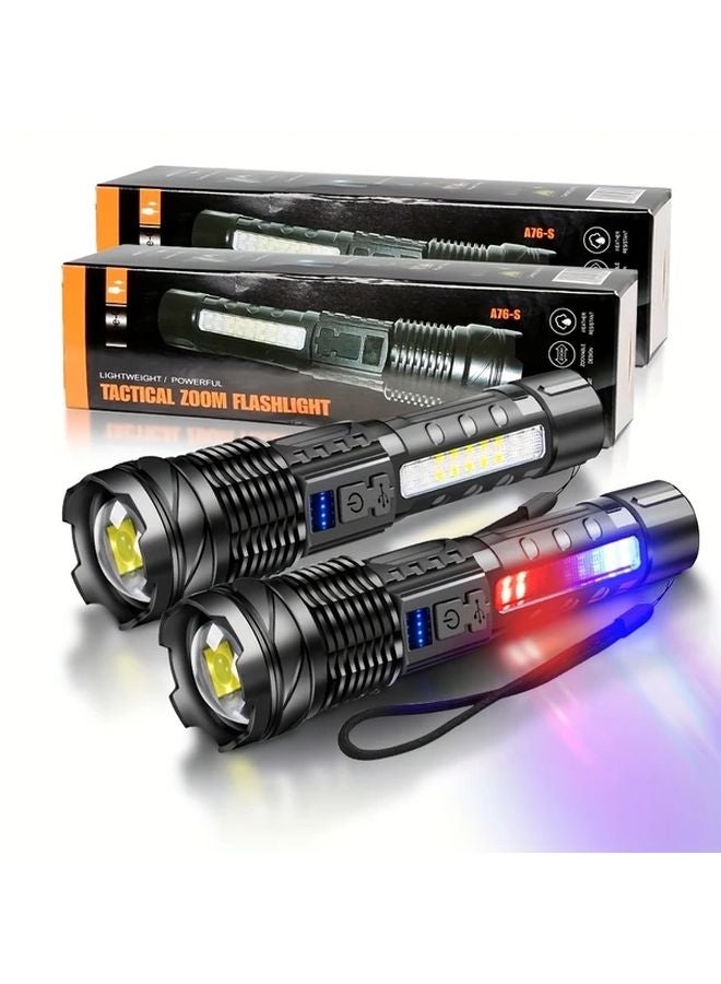 2pcs High Power LED Flashlight COB Red Blue Warning Side Light Rechargeable Zoomable Long Distance Fishing Camping Light 7 Modes - Image 1