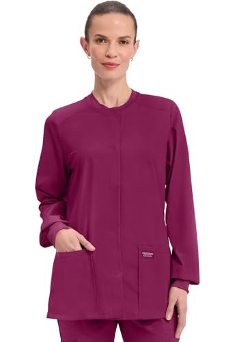 Cherokee Scrub for Women Snap Front Jacket with 3 Pockets, Fade Resistant, 2-Way Stretch, Soft & Durable Fabric - WW340, S, Wine - Image 2
