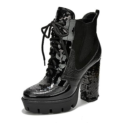 Cape Robbin Nell Heeled Boots for Women Sparkly Sequin Platform Chelsea Boots Women - Chunky Block Heels with Sequined Tongue and Heel - Stylish Glitter Ankle Boots for Women - Black Size 8.5 - Image 1