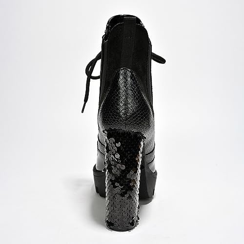 Cape Robbin Nell Heeled Boots for Women Sparkly Sequin Platform Chelsea Boots Women - Chunky Block Heels with Sequined Tongue and Heel - Stylish Glitter Ankle Boots for Women - Black Size 8.5 - Image 5