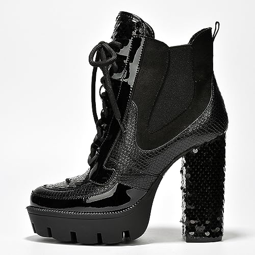 Cape Robbin Nell Heeled Boots for Women Sparkly Sequin Platform Chelsea Boots Women - Chunky Block Heels with Sequined Tongue and Heel - Stylish Glitter Ankle Boots for Women - Black Size 8.5 - Image 3