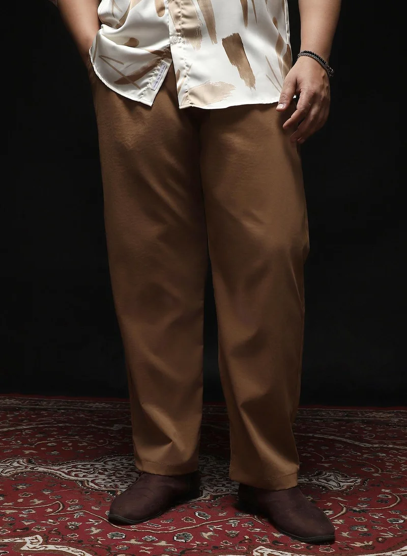 Instafab Plus Instafab Plus Men's Mousse Brown Double-Pleated Tailored Trousers | Mid Rise , Straight Hem , Button Closure | Solid Plain Polyester Blend Material For Office & Casual Wear