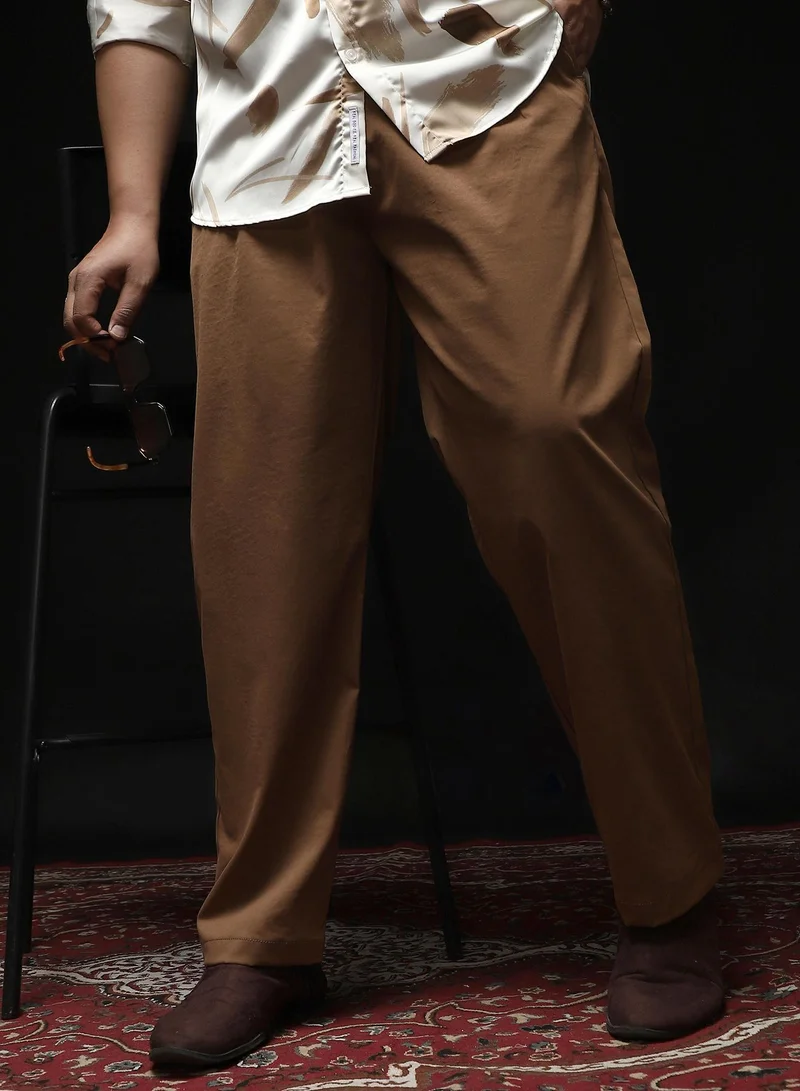Instafab Plus Instafab Plus Men's Mousse Brown Double-Pleated Tailored Trousers | Mid Rise , Straight Hem , Button Closure | Solid Plain Polyester Blend Material For Office & Casual Wear