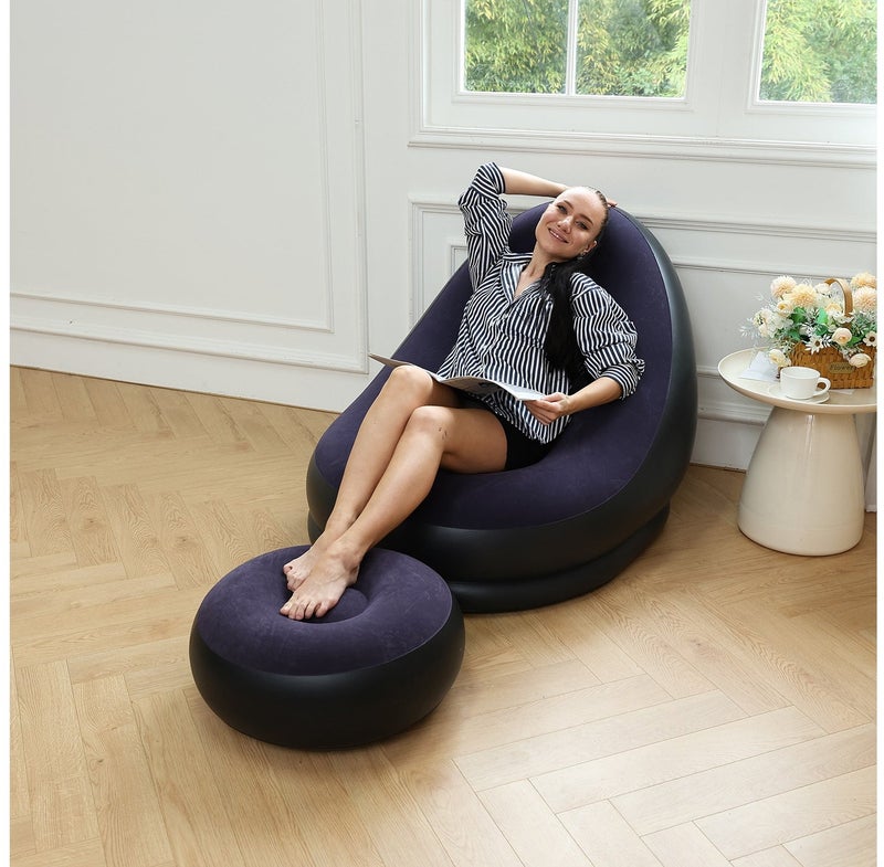 PVC Flocked Inflatable Lazy Sofa with Foot Stool, Foldable Single Person Recliner Sofa Chair with Air Pump - Image 2