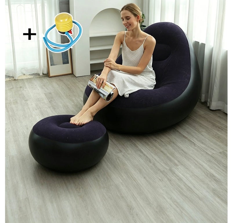 PVC Flocked Inflatable Lazy Sofa with Foot Stool, Foldable Single Person Recliner Sofa Chair with Air Pump - Image 1