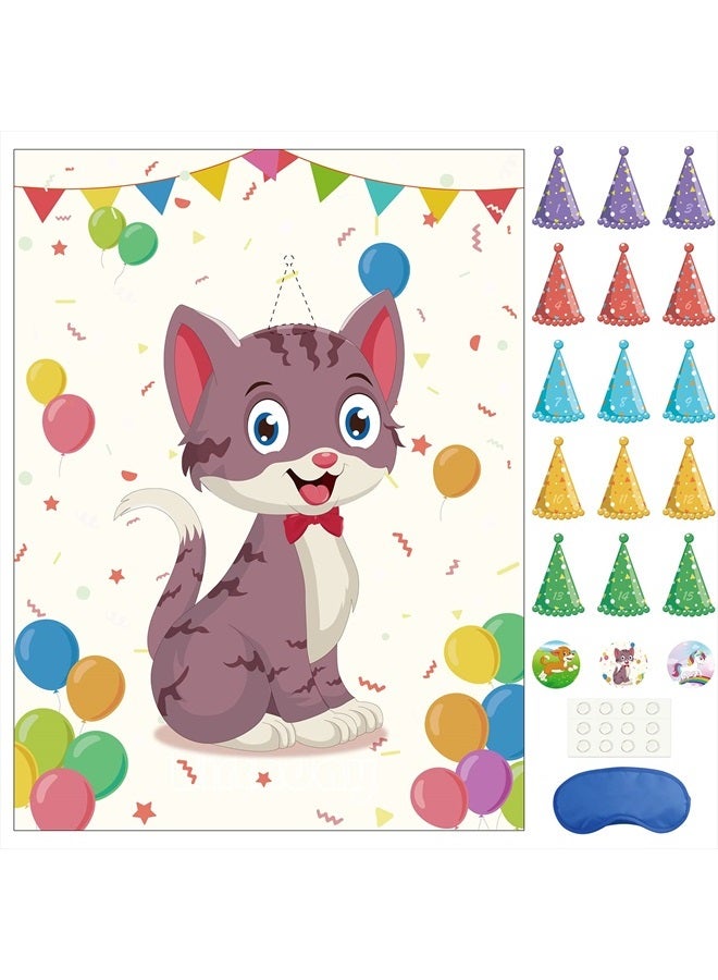 Morcheiong Pin The Tail on The Cat Birthday Party Game with 48 Hats, Cat Themed Birthday Party Favors Supplies Decorations for Kids - Image 1