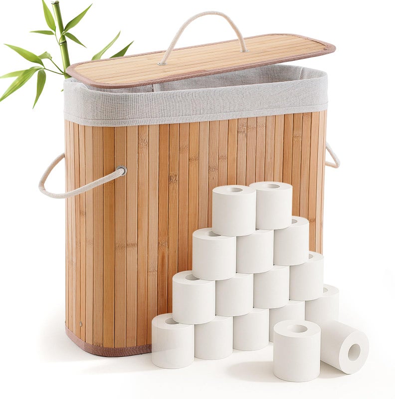 Leinuosen Bamboo Toilet Paper Storage Basket 8 Gallons30 L Toilet Paper Organizer Holder with Lid Waterproof for Kitchen Bathroom HomeBeigeRegular - Image 2