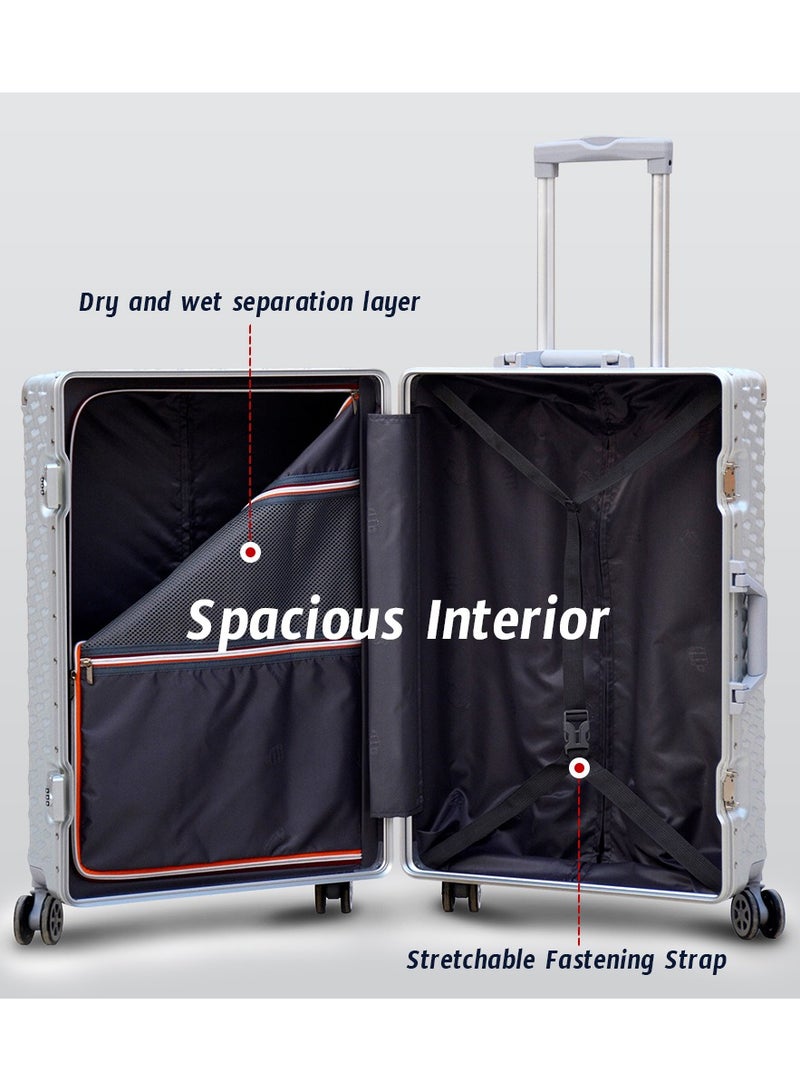 Aluminum Luggage 24"(20-25KG) Checked In Unbreakable Fashion Travel Trolley Suitcase, Polycarbonate Hard Shell Suitcase with 360° Double Spinner Wheels