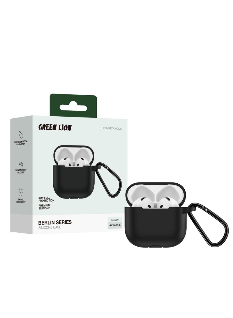 GREEN LION Berlin series Silicone Case for AirPods 4 / Shock Absorbent / 360° Full Protection / Washable Material / Portable Metal Carabiner / Skin Friendly Silicone - Black - Image 4