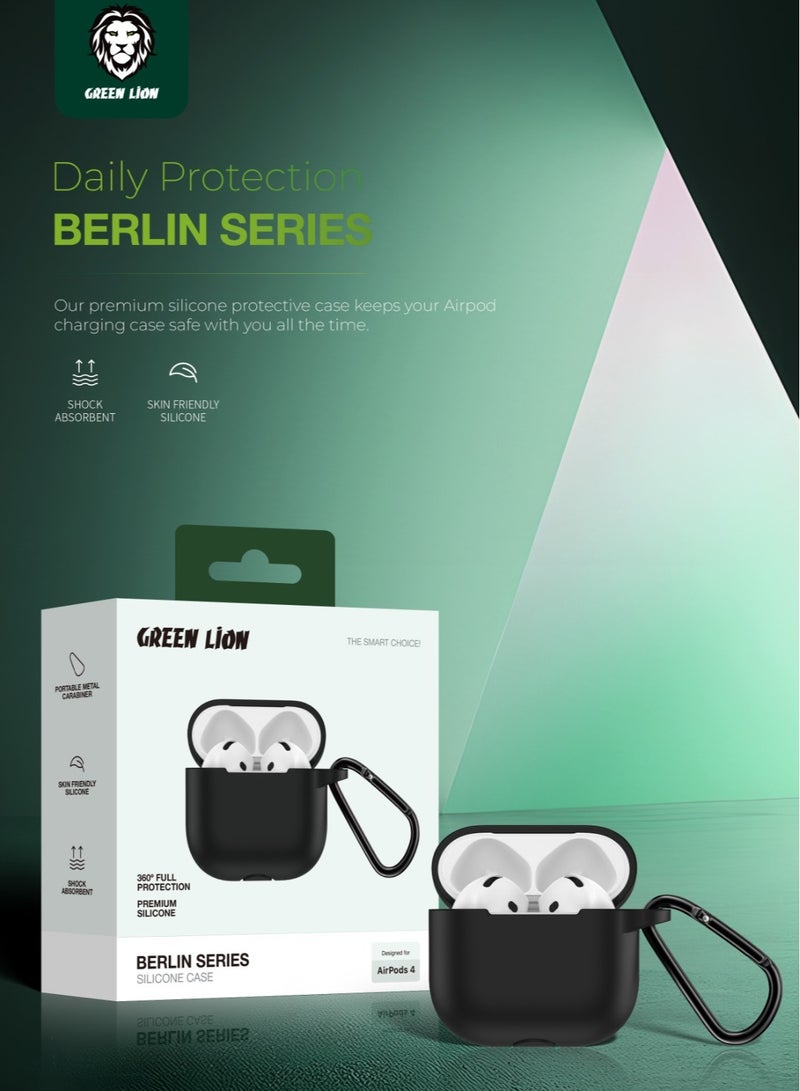 GREEN LION Berlin series Silicone Case for AirPods 4 / Shock Absorbent / 360° Full Protection / Washable Material / Portable Metal Carabiner / Skin Friendly Silicone - Black - Image 2