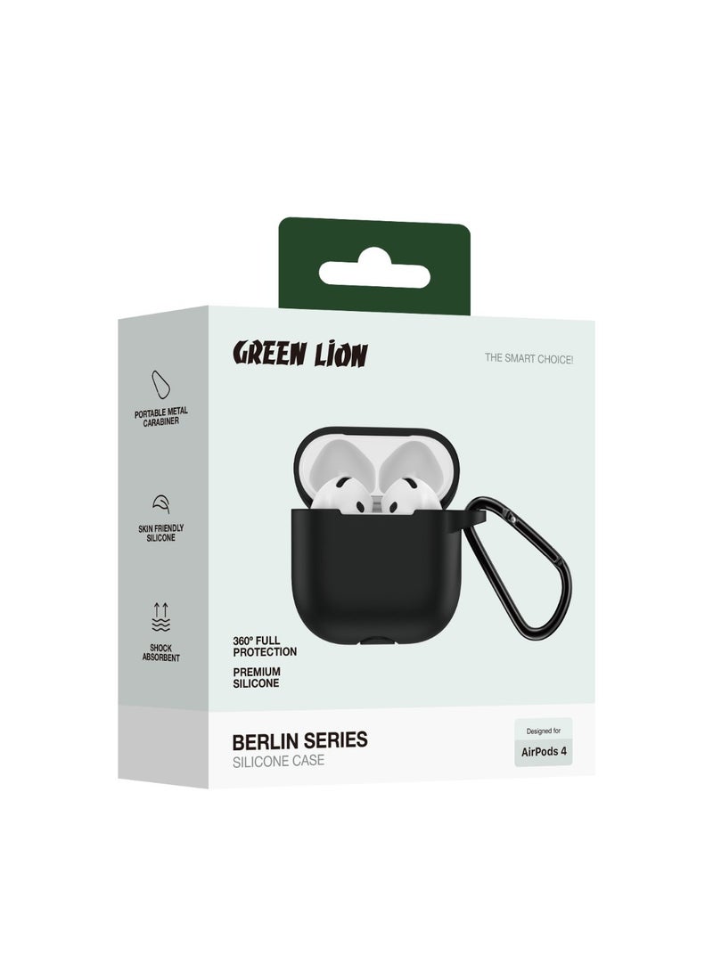 GREEN LION Berlin series Silicone Case for AirPods 4 / Shock Absorbent / 360° Full Protection / Washable Material / Portable Metal Carabiner / Skin Friendly Silicone - Black - Image 5