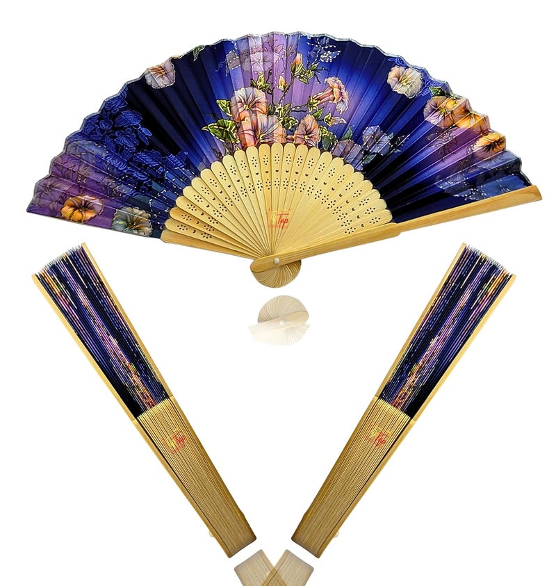 TIPTOP DECORATION Tiptop Decoration Premium Gold Printed Floral Wooden Hand Held Fan 15 Inch Pack Of 1 Piece Midnight Bloom  - Image 1