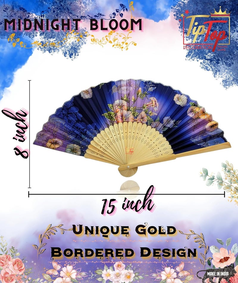 TIPTOP DECORATION Tiptop Decoration Premium Gold Printed Floral Wooden Hand Held Fan 15 Inch Pack Of 1 Piece Midnight Bloom  - Image 2