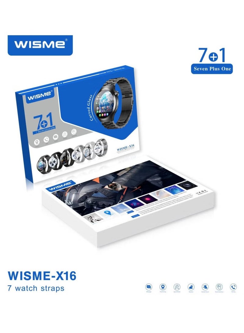 WISME ساعة ذكية X16 بتصميم دائري وشاشة منحنية مع 7 أحزمة قابلة للتبديل وكابل شحن، مصممة للرجال باللون الأسود. - Image 5