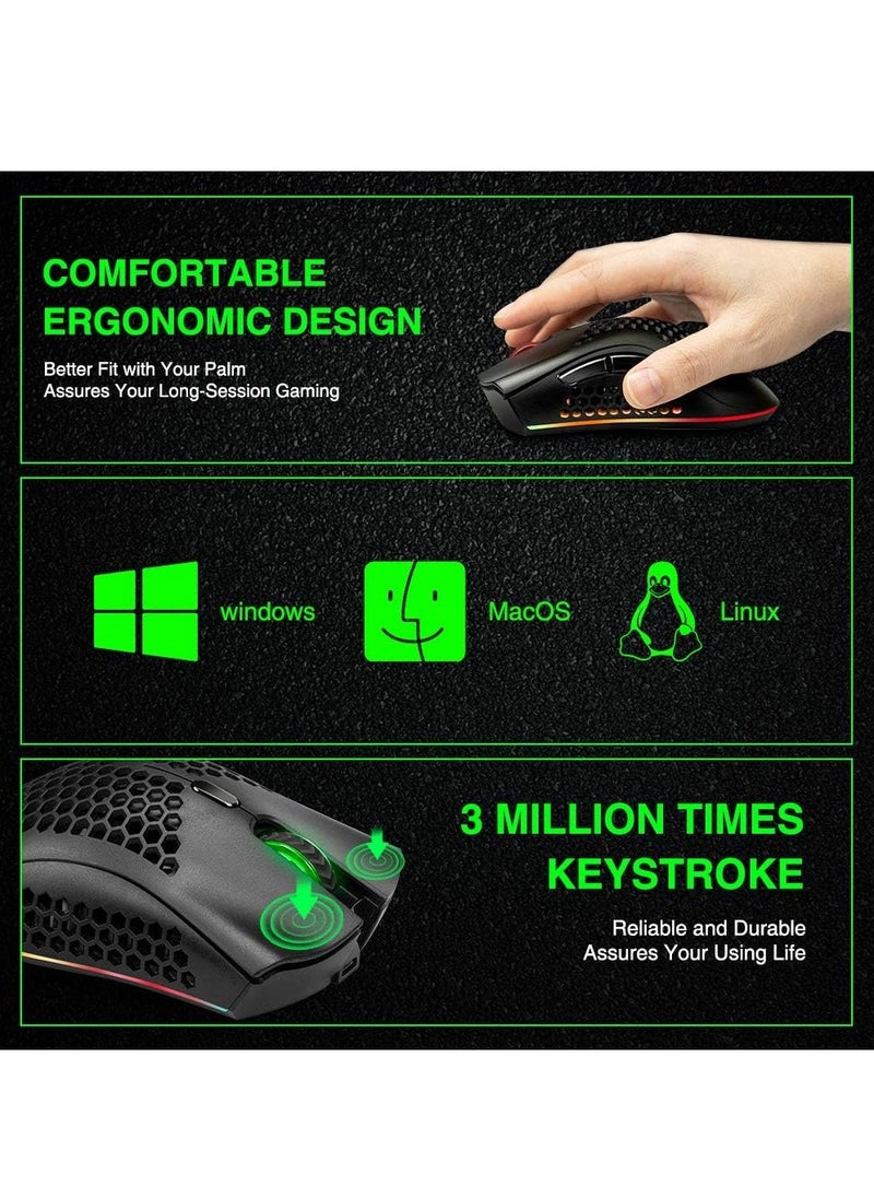 بينغو - ماوس ألعاب KM-1 لاسلكي RGB، غطاء قرص العسل البصري 3200 نقطة لكل بوصة، 8 أزرار، 3 نقاط لكل بوصة قابلة للتعديل، جهاز استقبال USB لأجهزة الكمبيوتر المحمول وأجهزة Mac - Image 1