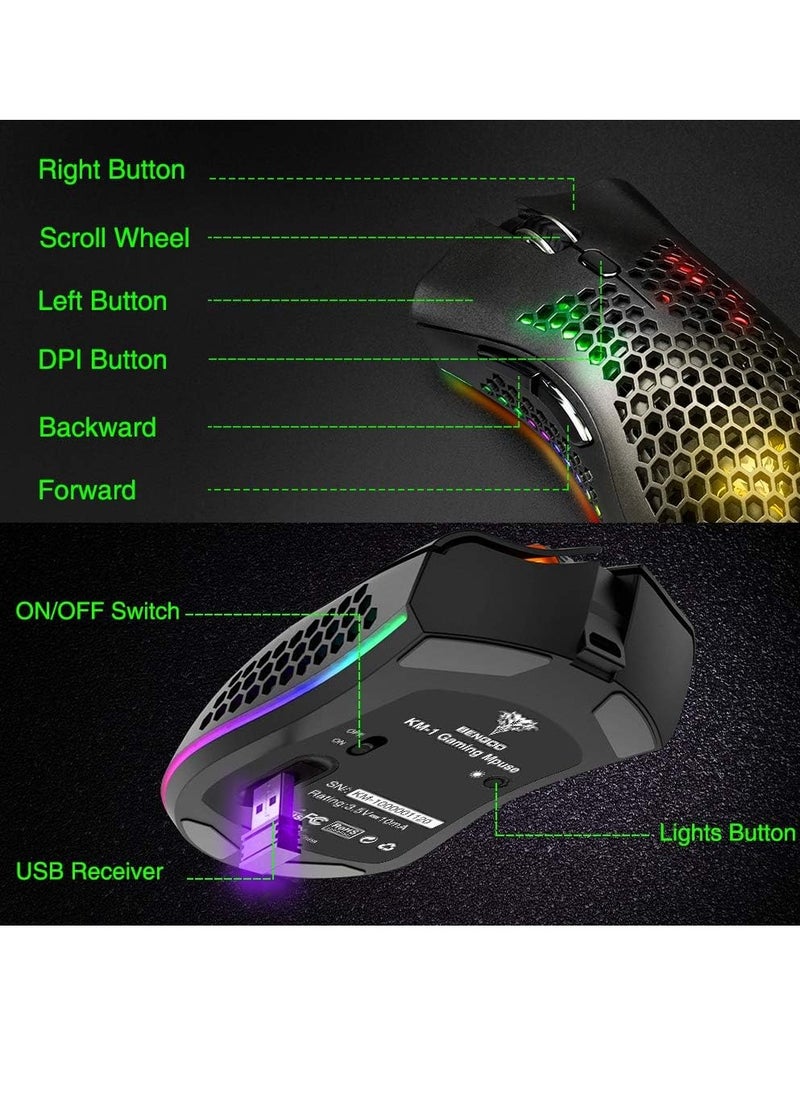 بينغو - ماوس ألعاب KM-1 لاسلكي RGB، غطاء قرص العسل البصري 3200 نقطة لكل بوصة، 8 أزرار، 3 نقاط لكل بوصة قابلة للتعديل، جهاز استقبال USB لأجهزة الكمبيوتر المحمول وأجهزة Mac - Image 1