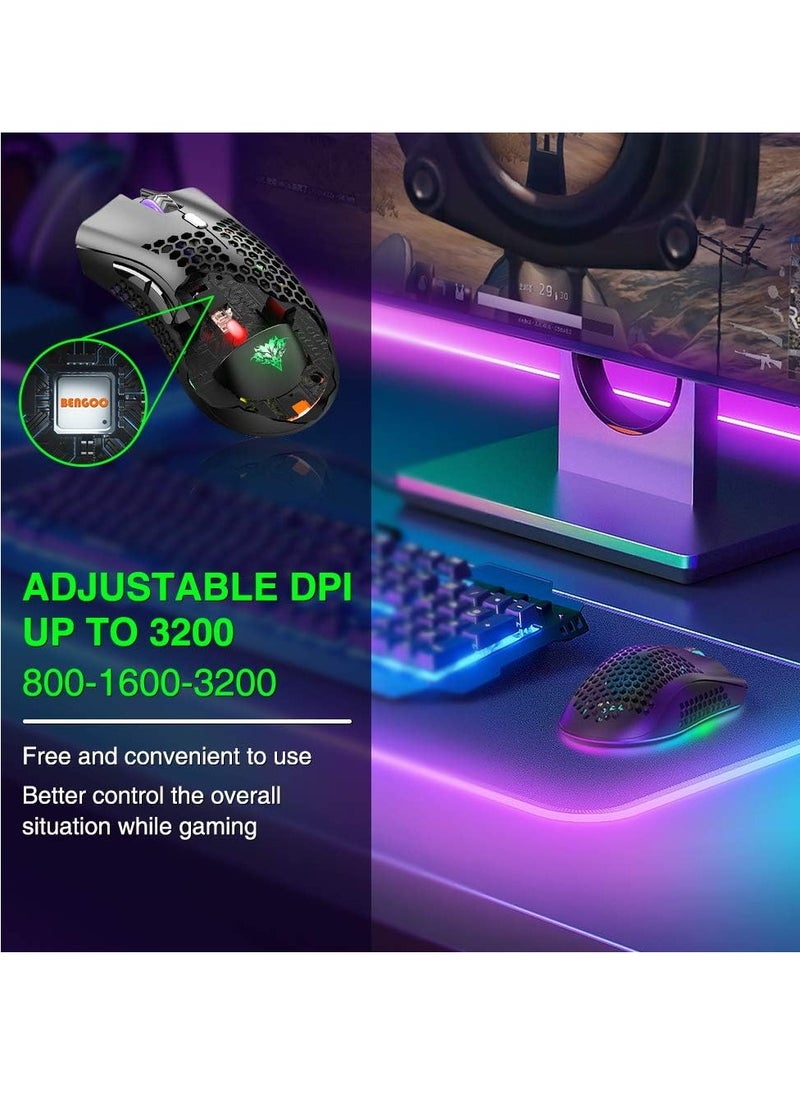 بينغو - ماوس ألعاب KM-1 لاسلكي RGB، غطاء قرص العسل البصري 3200 نقطة لكل بوصة، 8 أزرار، 3 نقاط لكل بوصة قابلة للتعديل، جهاز استقبال USB لأجهزة الكمبيوتر المحمول وأجهزة Mac - Image 1