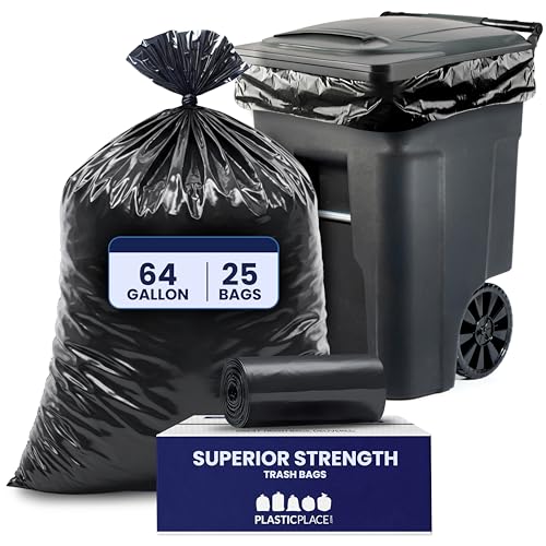 Plasticplace 64-65 Gallon Black Trash Bags, Heavy Duty Toter Can Liners, Tear & Leak-Proof, Industrial Strength, 25 Count, Large Garbage Bags for Kitchen & Commercial Use 1.2 Mil, 50" x 60" - Image 2