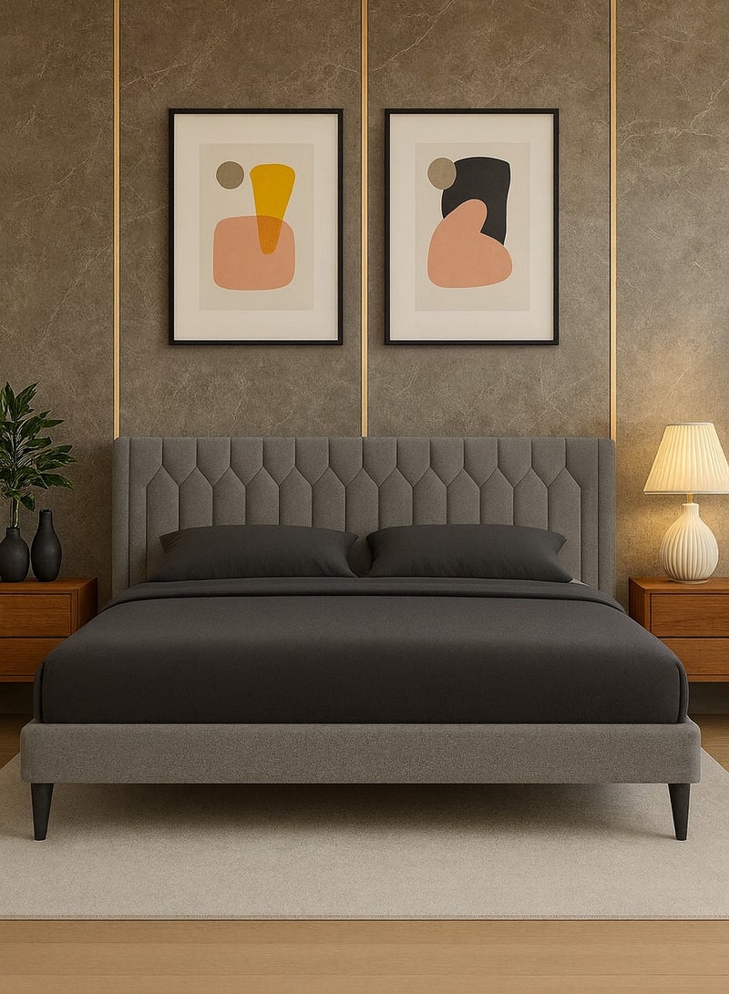 KustomDeco Meadow Modern Upholstered Bed Frame with Tall Padded Headboard Grey Velvet Fabric, Customizable Design Double Size 120x200cm Platform Bed with Sturdy Wooden Slats For Uae Furniture - Image 1