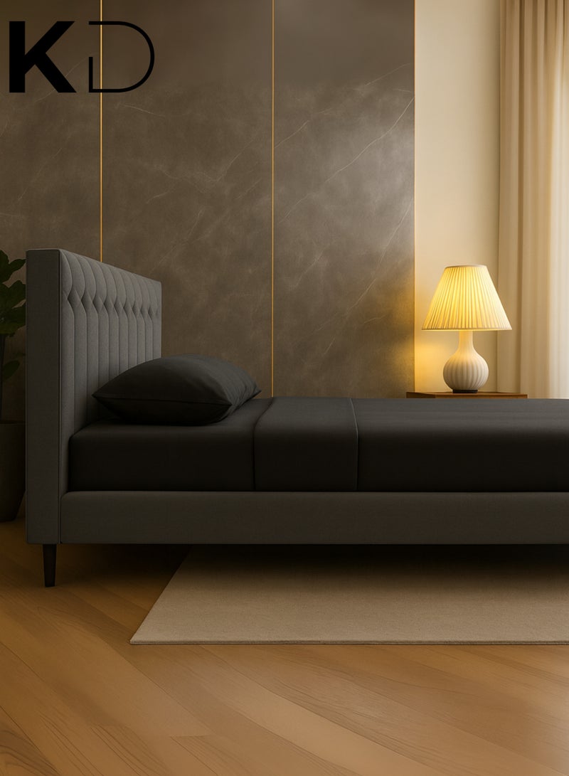 KustomDeco Meadow Modern Upholstered Bed Frame with Tall Padded Headboard Grey Velvet Fabric, Customizable Design Double Size 120x200cm Platform Bed with Sturdy Wooden Slats For Uae Furniture - Image 2