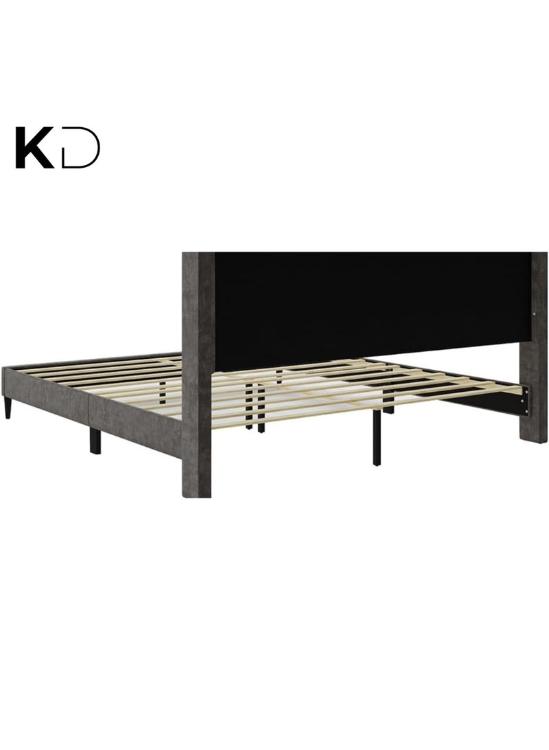 KustomDeco Meadow Modern Upholstered Bed Frame with Tall Padded Headboard Grey Velvet Fabric, Customizable Design Double Size 120x200cm Platform Bed with Sturdy Wooden Slats For Uae Furniture - Image 4