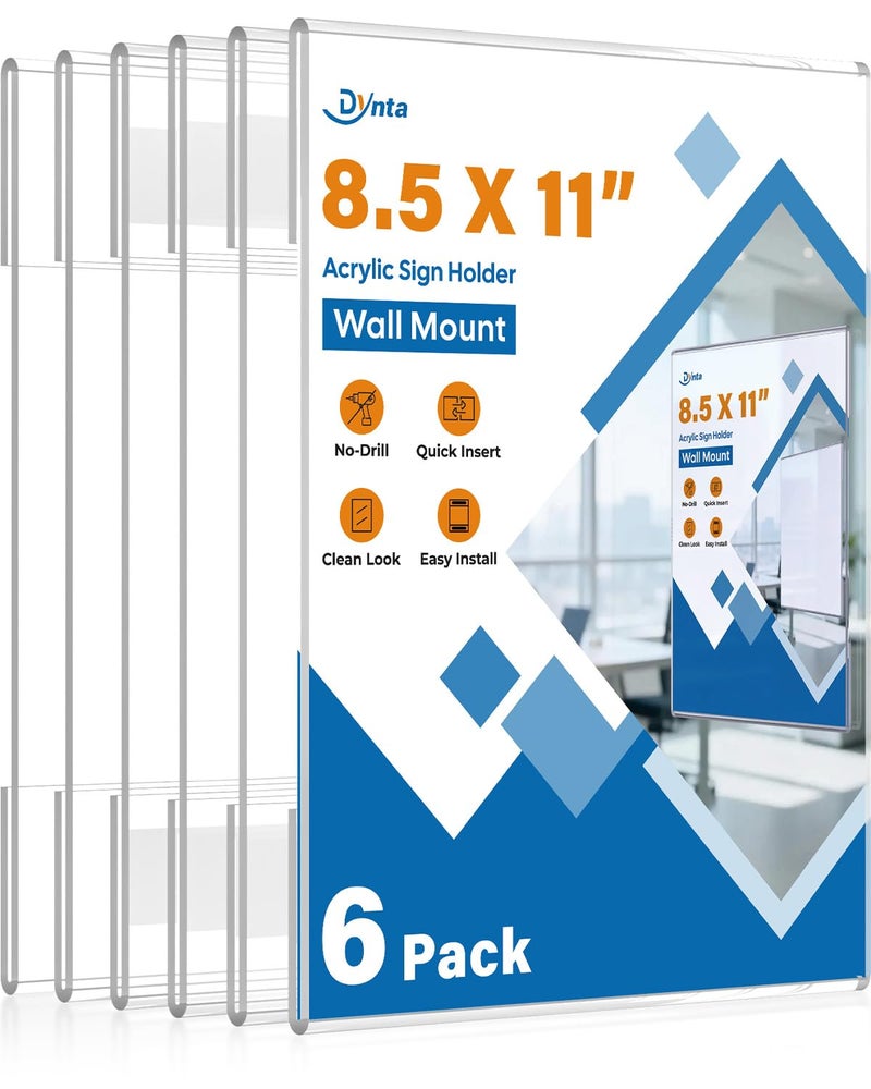 Dynta 6 Pack Acrylic Sign Holder 8.5 x 11 Wall Mount, Clear Plastic Frames with Adhesive Tape, Vertical Fly Holder for Office, Restaurant, School and Home, No Drilling Required - Image 1