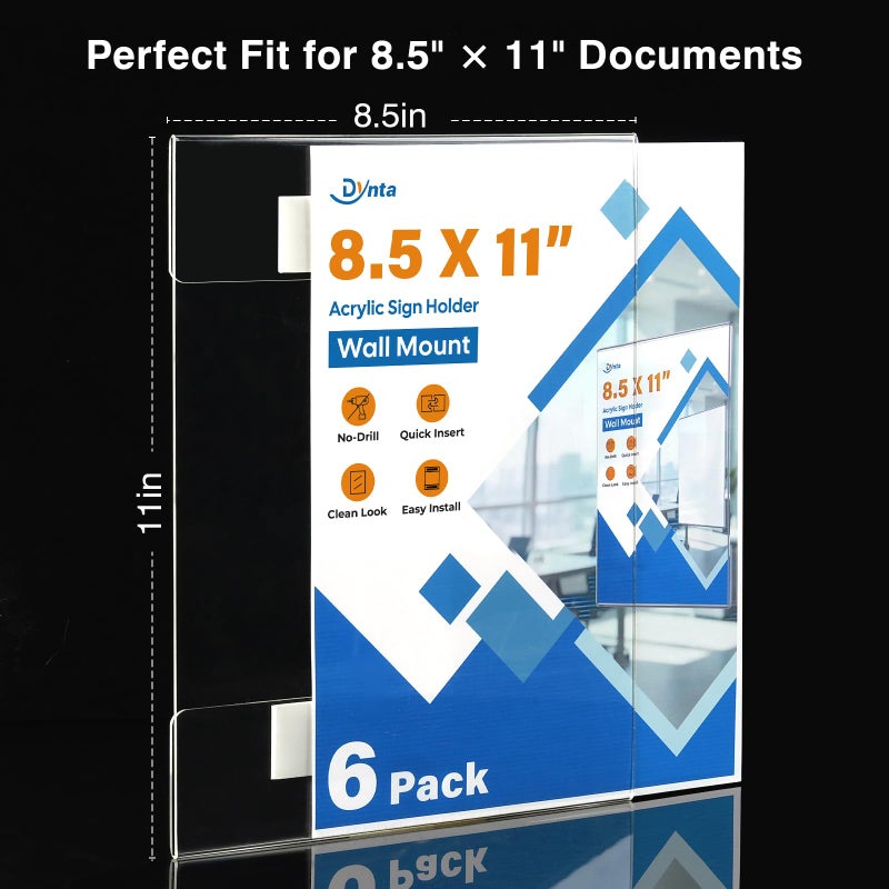Dynta 6 Pack Acrylic Sign Holder 8.5 x 11 Wall Mount, Clear Plastic Frames with Adhesive Tape, Vertical Fly Holder for Office, Restaurant, School and Home, No Drilling Required - Image 2