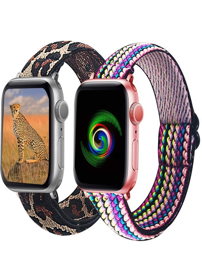 Mosonio 2-Pack Adjustable Elastic Watch Band Compatible for Apple Watch Band 38mm 40mm 42mm 44mm, Soft Stretch Loop Strap Wristbands for iWatch Series SE/6/5/4/3/2/1(Leopard+Colorful Weave, 42mm/44mm) - Image 1