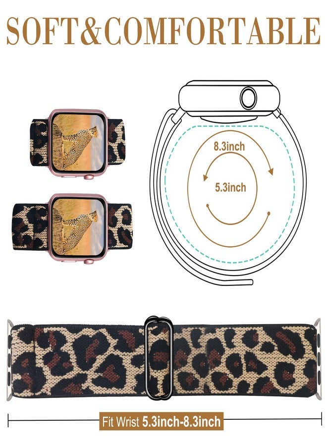 Mosonio 2-Pack Adjustable Elastic Watch Band Compatible for Apple Watch Band 38mm 40mm 42mm 44mm, Soft Stretch Loop Strap Wristbands for iWatch Series SE/6/5/4/3/2/1(Leopard+Colorful Weave, 42mm/44mm) - Image 4