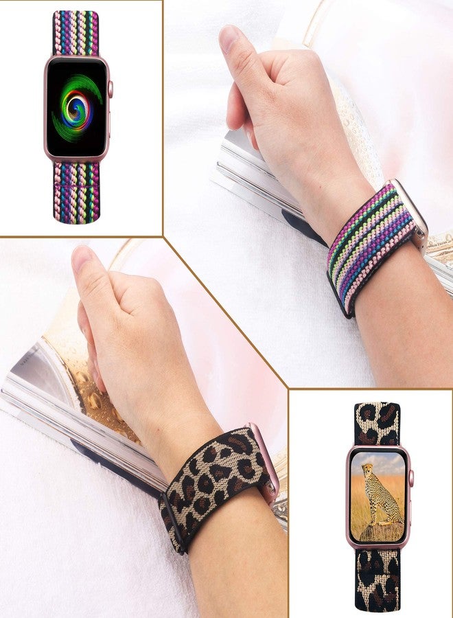 Mosonio 2-Pack Adjustable Elastic Watch Band Compatible for Apple Watch Band 38mm 40mm 42mm 44mm, Soft Stretch Loop Strap Wristbands for iWatch Series SE/6/5/4/3/2/1(Leopard+Colorful Weave, 42mm/44mm) - Image 5