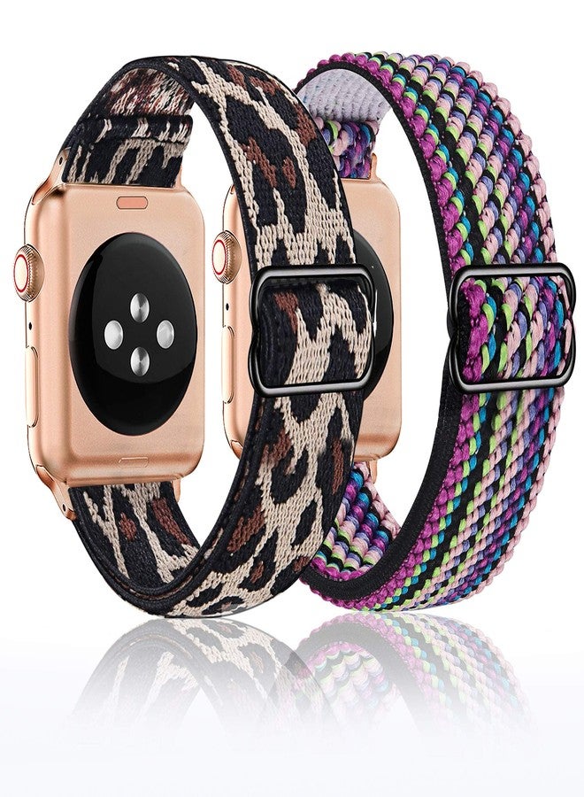 Mosonio 2-Pack Adjustable Elastic Watch Band Compatible for Apple Watch Band 38mm 40mm 42mm 44mm, Soft Stretch Loop Strap Wristbands for iWatch Series SE/6/5/4/3/2/1(Leopard+Colorful Weave, 42mm/44mm) - Image 3
