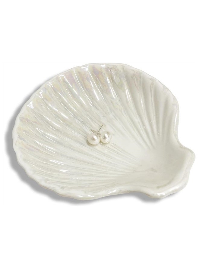 أوساويك صينية طبق مجوهرات من السيراميك على شكل صدفة حلقية، طبق حلية زخرفية لتنظيم الحلقات والأقراط والقلائد والمفاتيح للأم والصديقة والأخت، 9.9 سم، سطح أبيض قزحي الألوان - Image 1