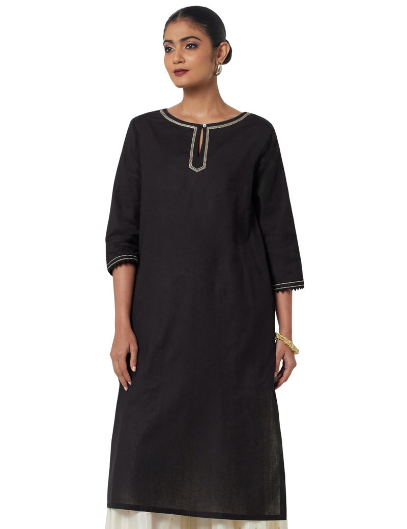 Biba Women's Black Cotton Blend Straight Kurta_36 - Image 1