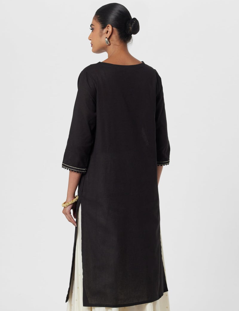 Biba Women's Black Cotton Blend Straight Kurta_36 - Image 3