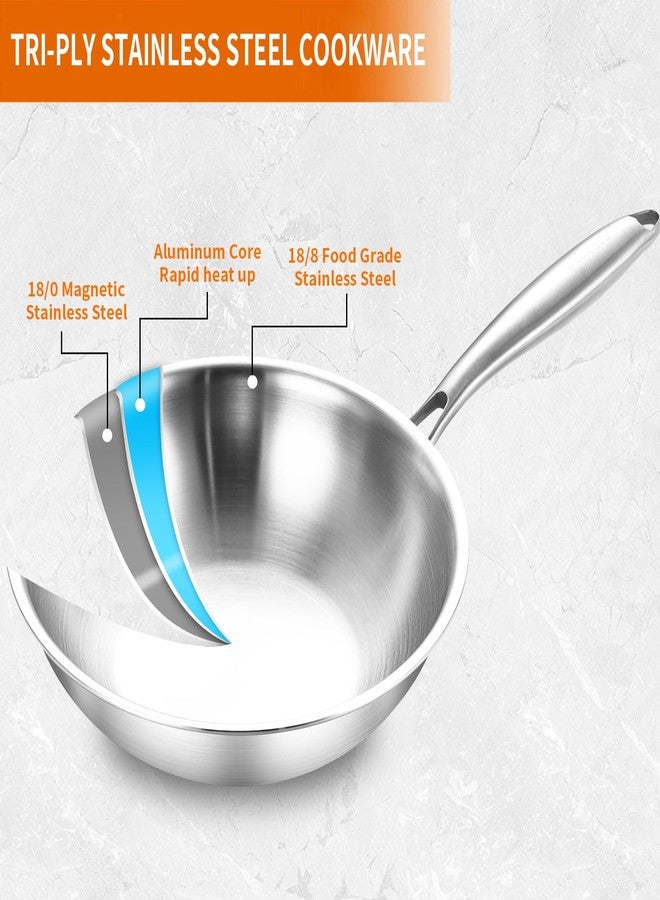 DELARLO مقلاة ووك من الفولاذ المقاوم للصدأ ثلاثي الطبقات من ديلارلو، مقاس 12 بوصة، صحية وغير سامة، مزودة بغطاء، واسعة وعميقة، مناسبة للقلي السريع، آمنة للاستخدام في غسالة الصحون والفرن حتى 600 درجة فهرنهايت، تعمل على المواقد الحثية. - Image 2