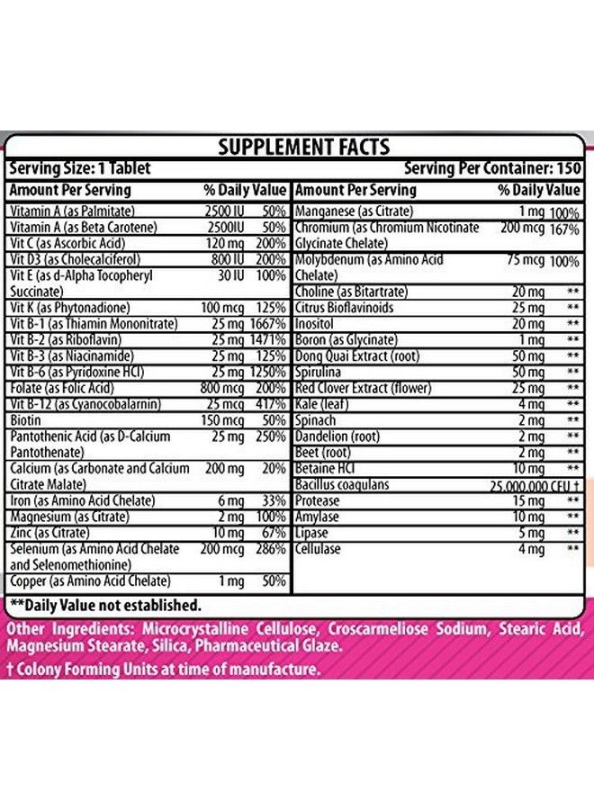 Amazing Formulas Women One Multiple 150 Tablets ; Multivitamin Supplement For Women ; Perfect Blend Of Vitamins Minerals 25 Million Cfu Probiotics & More ; Made In Usa