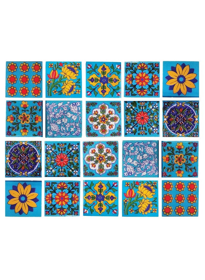 Shiv Kripa Blue Pottery Floral Decorative Flooring Wall Crafted Tabletop Interior Exterior Traditional 2 x 2 inch Tiles Pack of 20 Tiles (Sky Blue & Multi) - Image 1