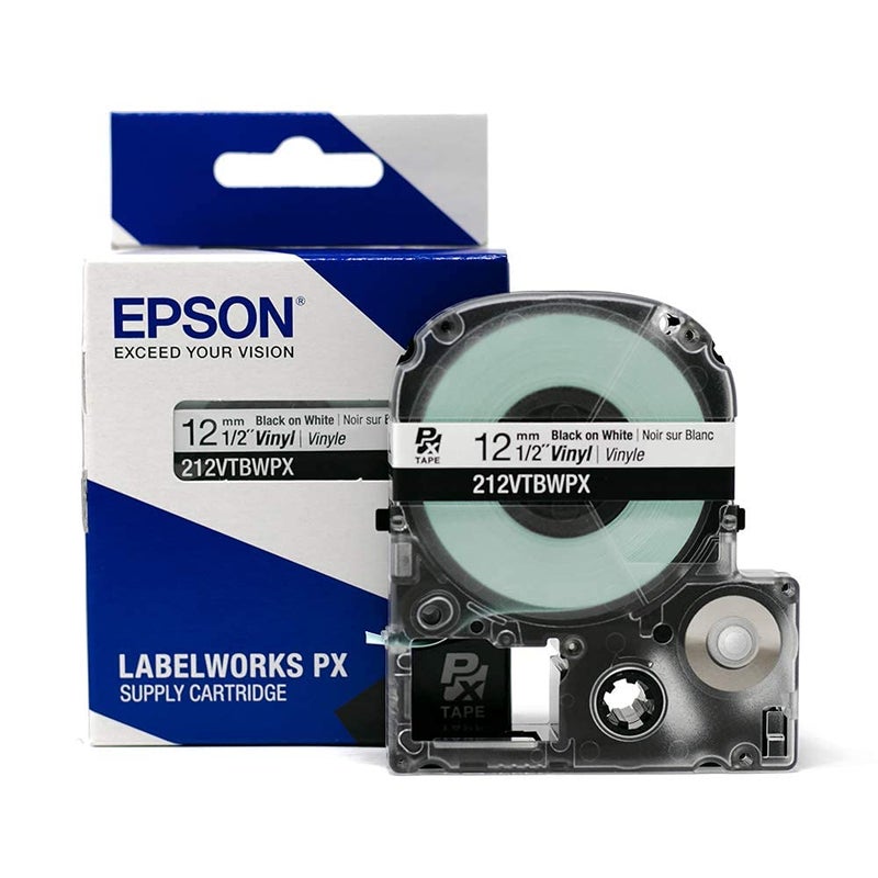 LABELWORKS Epson LABELWORKS 212VTBWPX Genuine Tape Cartridge - Black on White Flexible and Durable Vinyl Industrial Label Maker Tape - 1/2" (12MM) Wide, 22.9 ft - Image 1