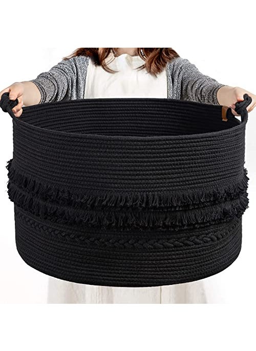 CherryNow CherryNow Extra Large Black Laundry Basket Rope Storage Basket for Bathroom Bedroom Living room Entryway Big Blanket Baskets for Pillows Toys Clothes 22 x 14 inches 