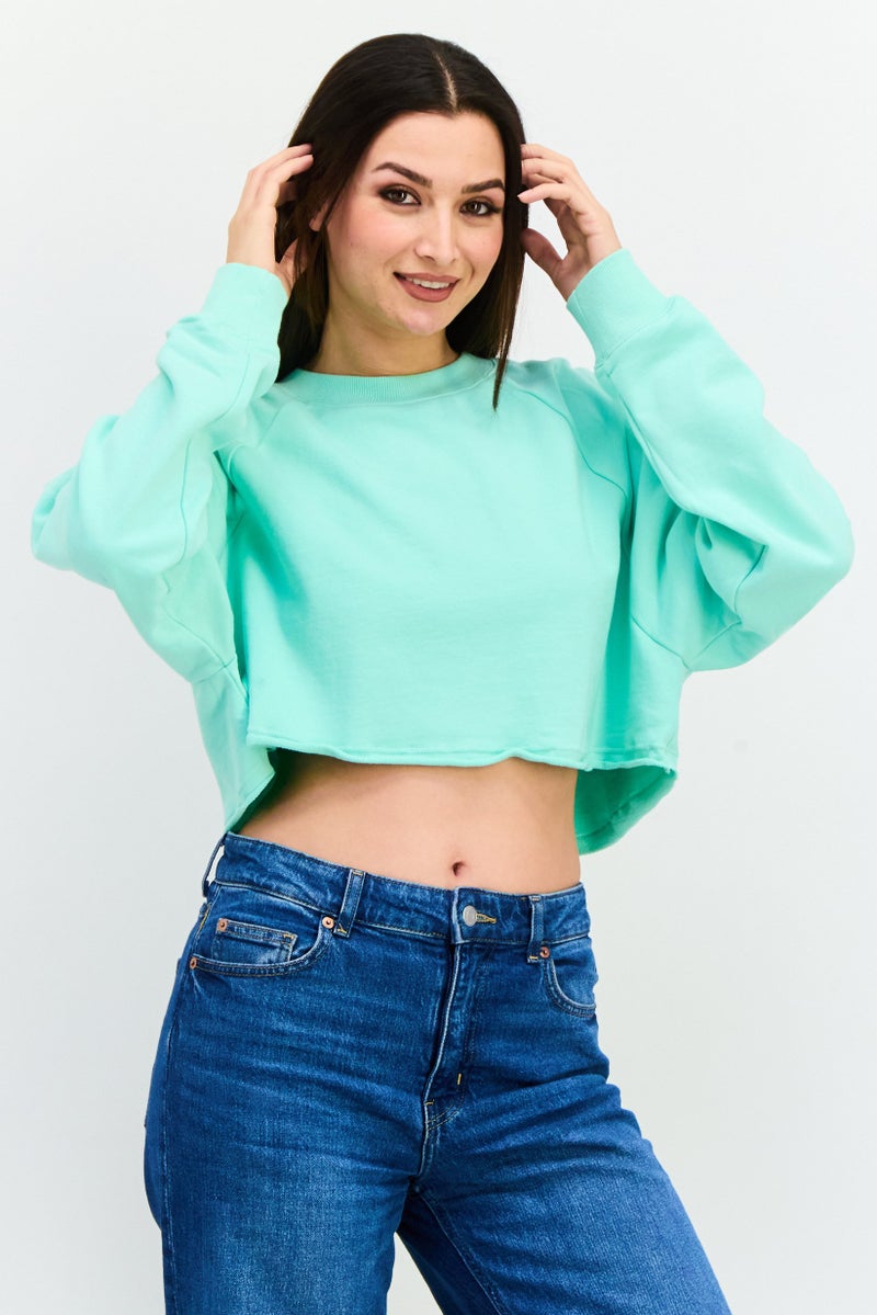 NIA Women Crew Neck Long Sleeve Solid Crop Sweatshirt, Mint Green - Image 1