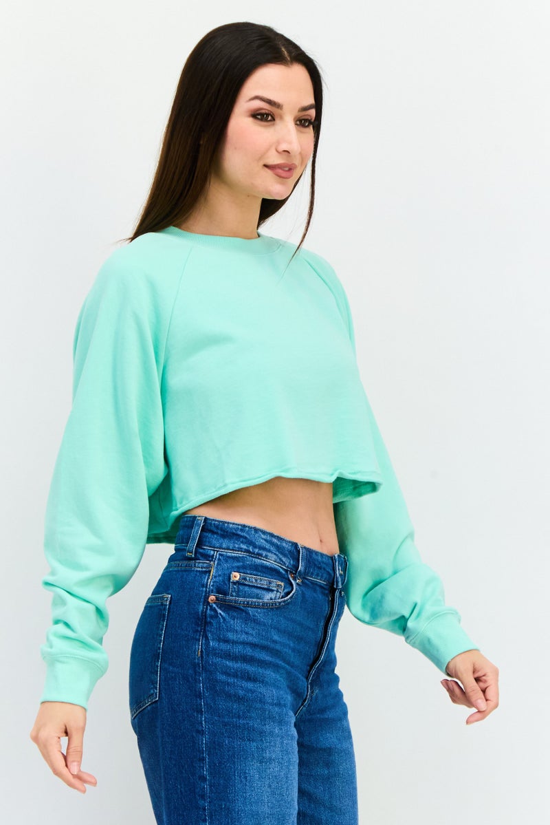 NIA Women Crew Neck Long Sleeve Solid Crop Sweatshirt, Mint Green - Image 2
