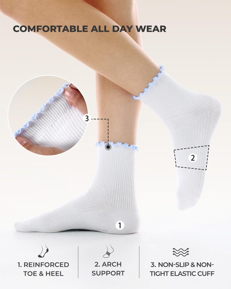 FITRELL 6 Pairs Ruffle Socks, Womens Soft Breathable Cute Lettuce Ankle Crew Frilly Socks, Small, White with Multicolor edge - Image 5