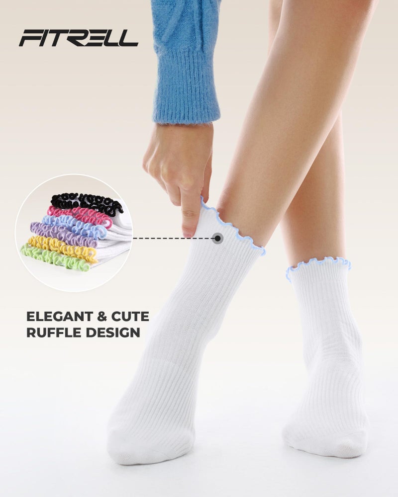 FITRELL 6 Pairs Ruffle Socks, Womens Soft Breathable Cute Lettuce Ankle Crew Frilly Socks, Small, White with Multicolor edge - Image 4