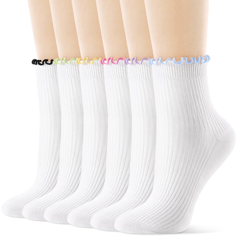 FITRELL 6 Pairs Ruffle Socks, Womens Soft Breathable Cute Lettuce Ankle Crew Frilly Socks, Small, White with Multicolor edge - Image 1