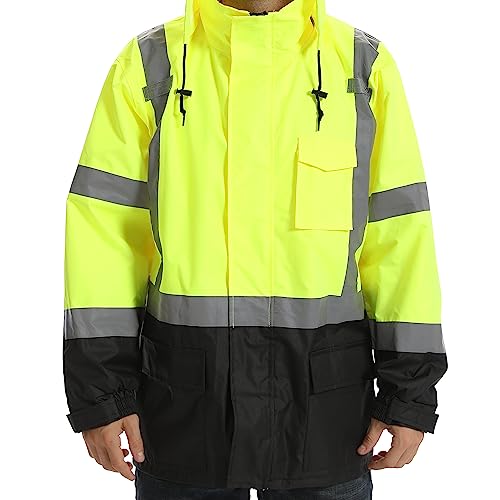 DPSAFETY Reflective Rain jackets for men waterproofHi Vis Safety Coat With Reflective StripsHigh Visibility Class 3 Rain jackets With 2 large pocketsZipperBlack Bottom LimeSMMD - Image 3